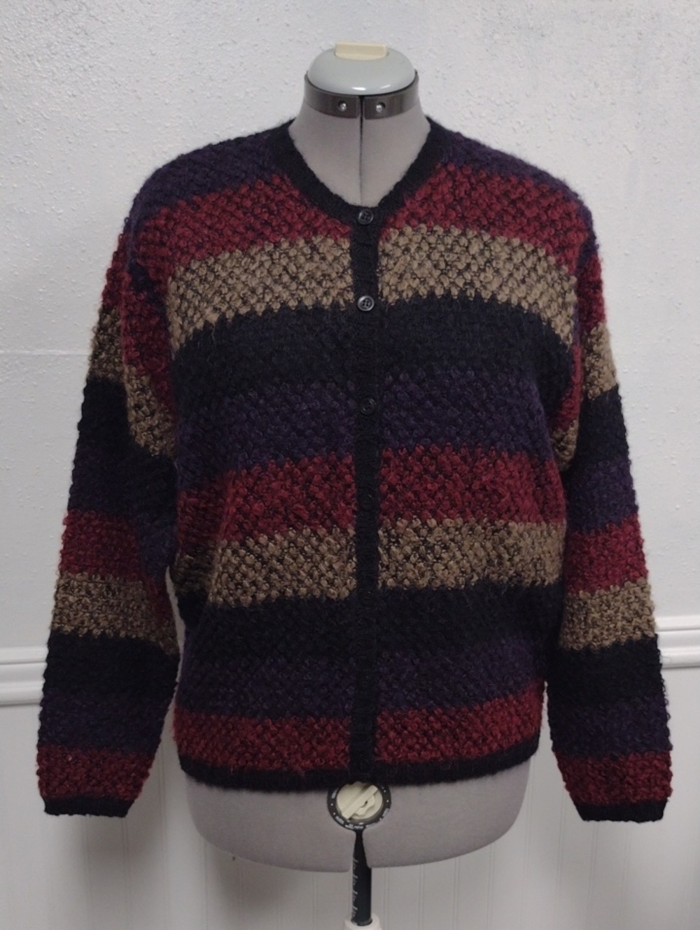 Textured Stripe Button-Front Cardigan Sweater - Mohair Burgundy, Purple & Tan